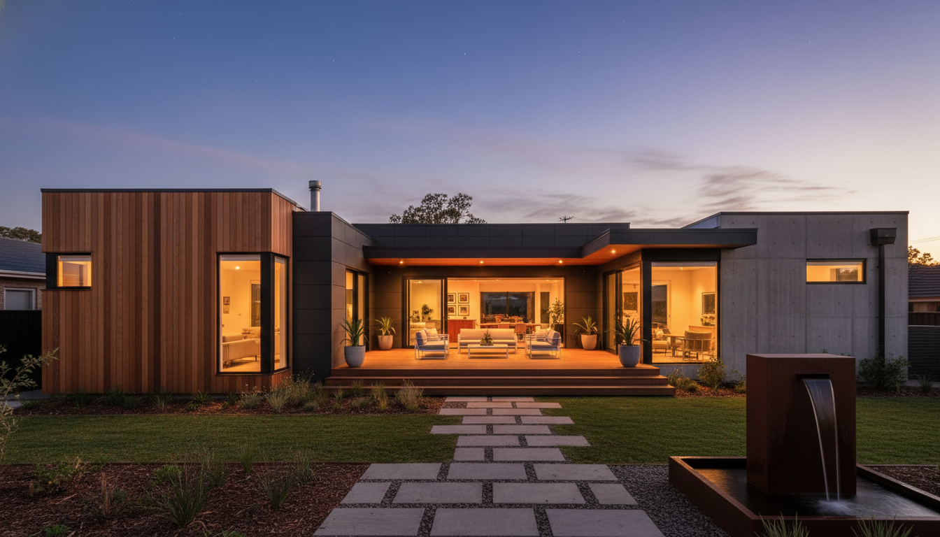 A wide-angle shot of a beautifully renovated modern suburban home exterior at dusk, with warm lights glowing through the windows, symbolizing the successful use of home equity for improvements.