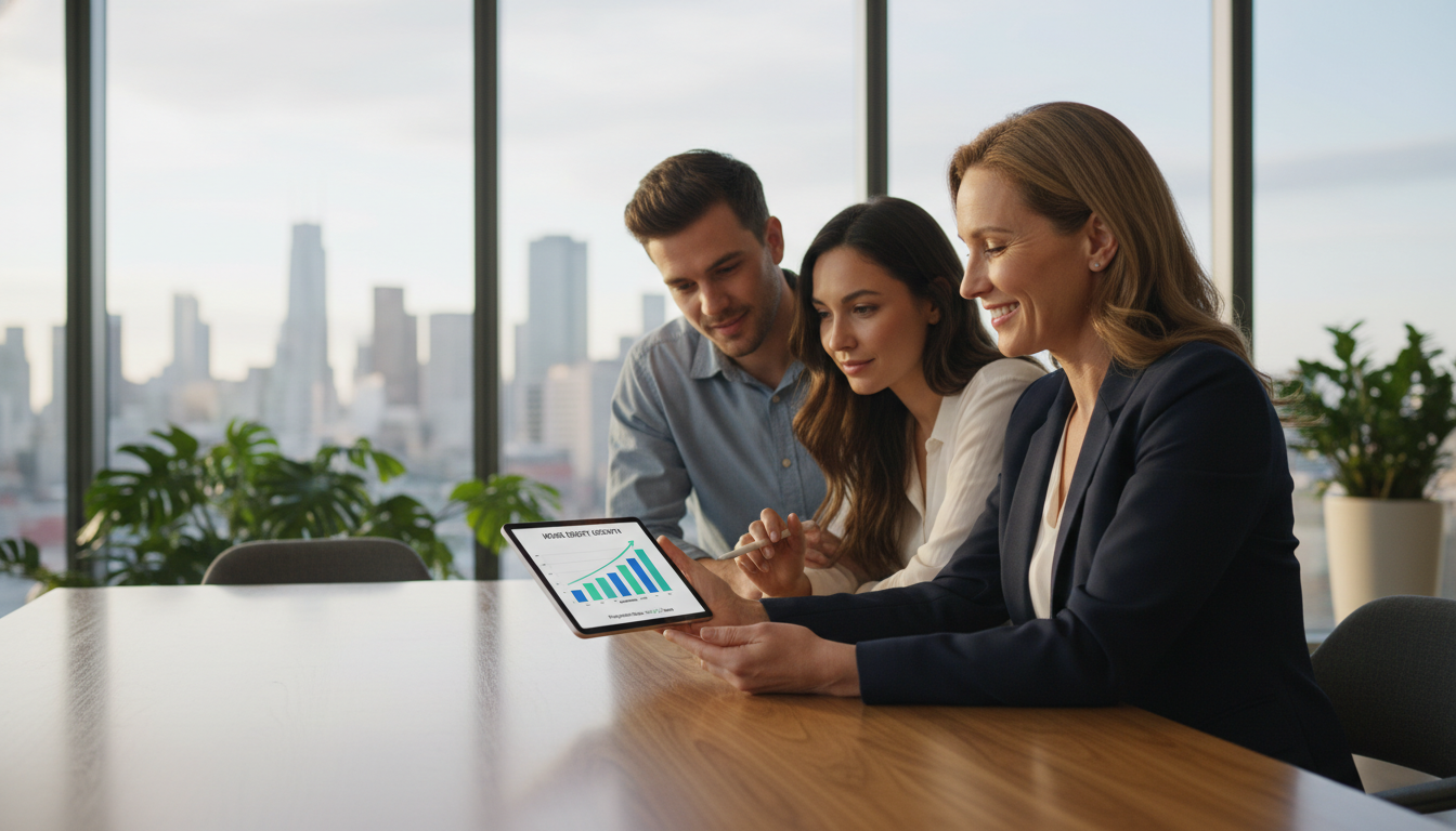 A professional financial advisor sitting across from a young couple in a modern, glass-walled office, looking at a tablet showing a growing bar chart of home equity value.