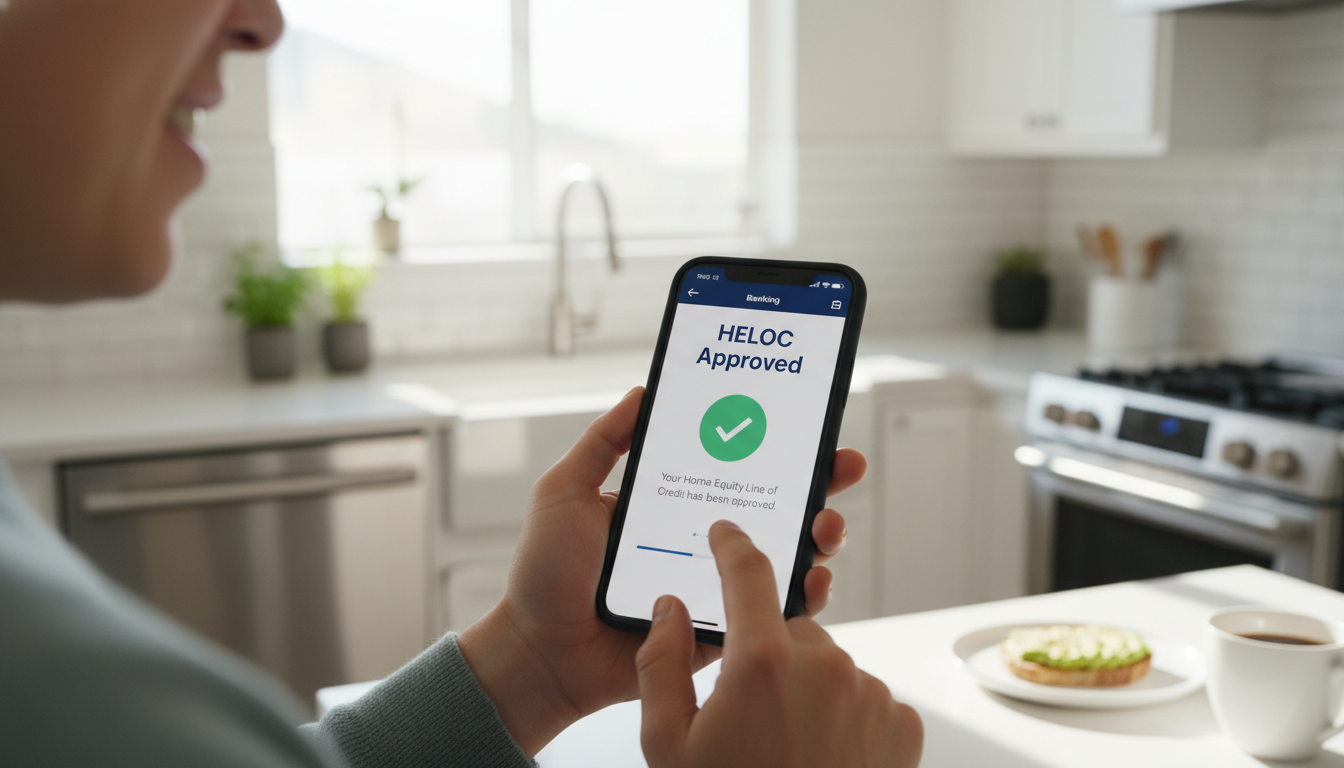 A person using a smartphone to check a banking app in a sunlit, modern kitchen; the screen displays a 'HELOC Approved' notification with a green checkmark.
