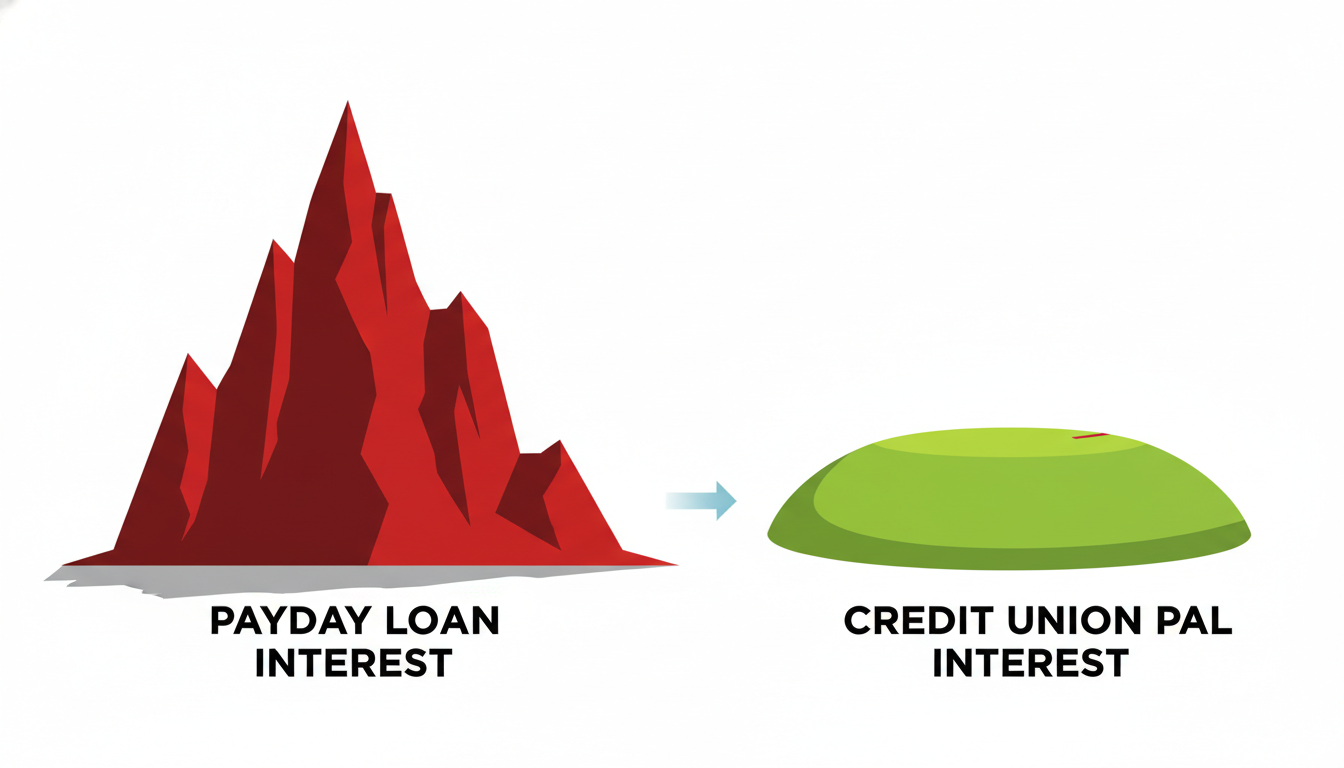 An infographic style illustration comparing a tall, jagged red mountain labeled 'Payday Loan Interest' with a small, flat green hill labeled 'Credit Union PAL Interest', clean minimalist design.