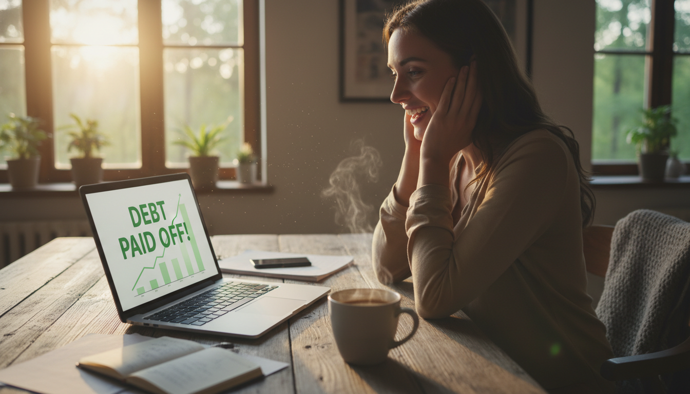 A person sitting at a wooden desk looking at a laptop screen with a look of relief, a cup of coffee nearby, warm morning sunlight filtering through a window, symbolizing a positive financial discovery.