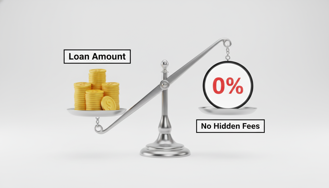 A professional infographic-style 3D illustration showing a balance scale; on one side is a stack of gold coins labeled 'Loan Amount', and on the other side is a '0%' sign, representing the elimination of hidden fees, clean white background.