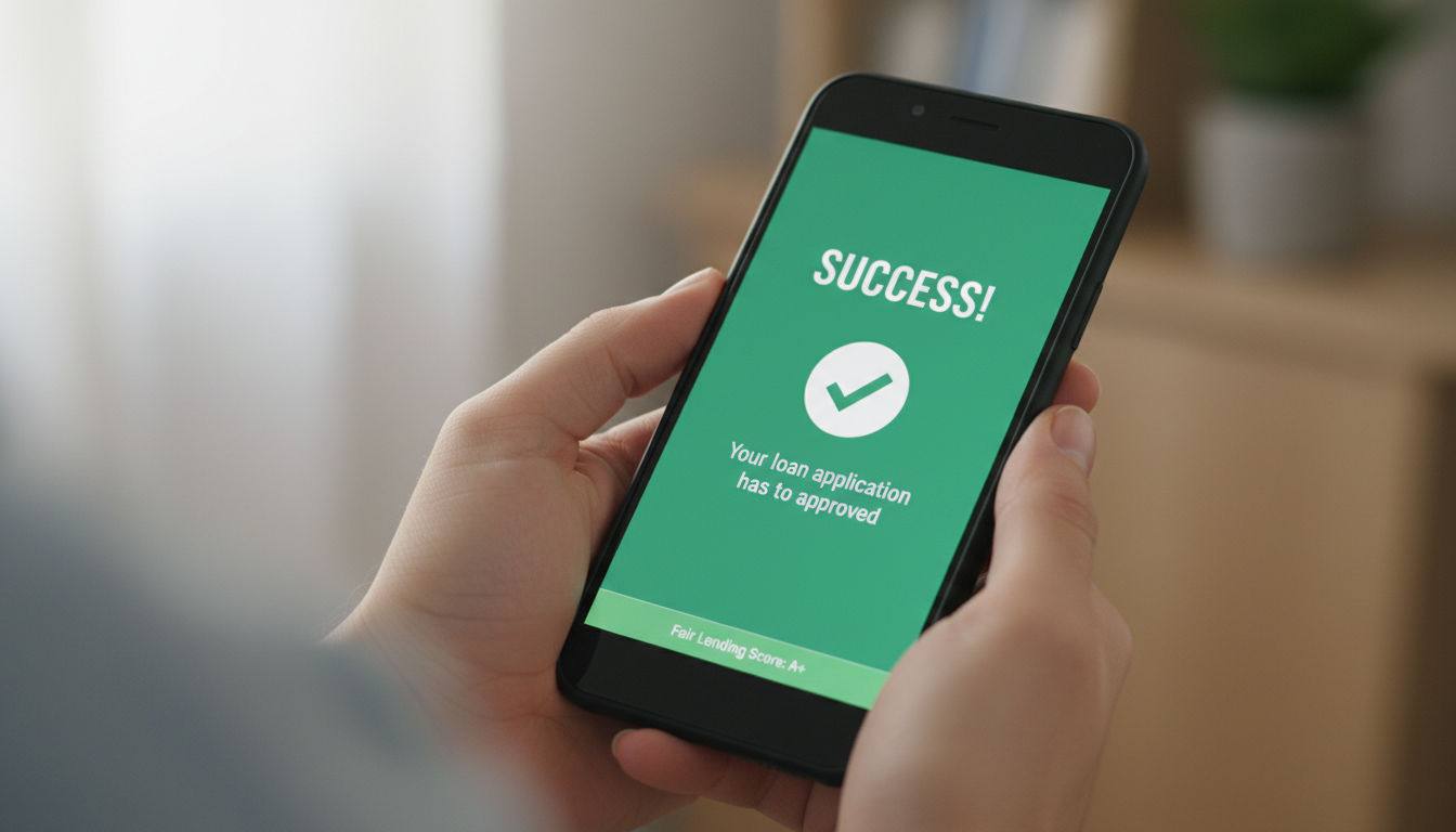 A close-up shot of a person's hands holding a smartphone displaying a banking app with a 'Success' message and a green checkmark, symbolizing a successful and fair loan application.