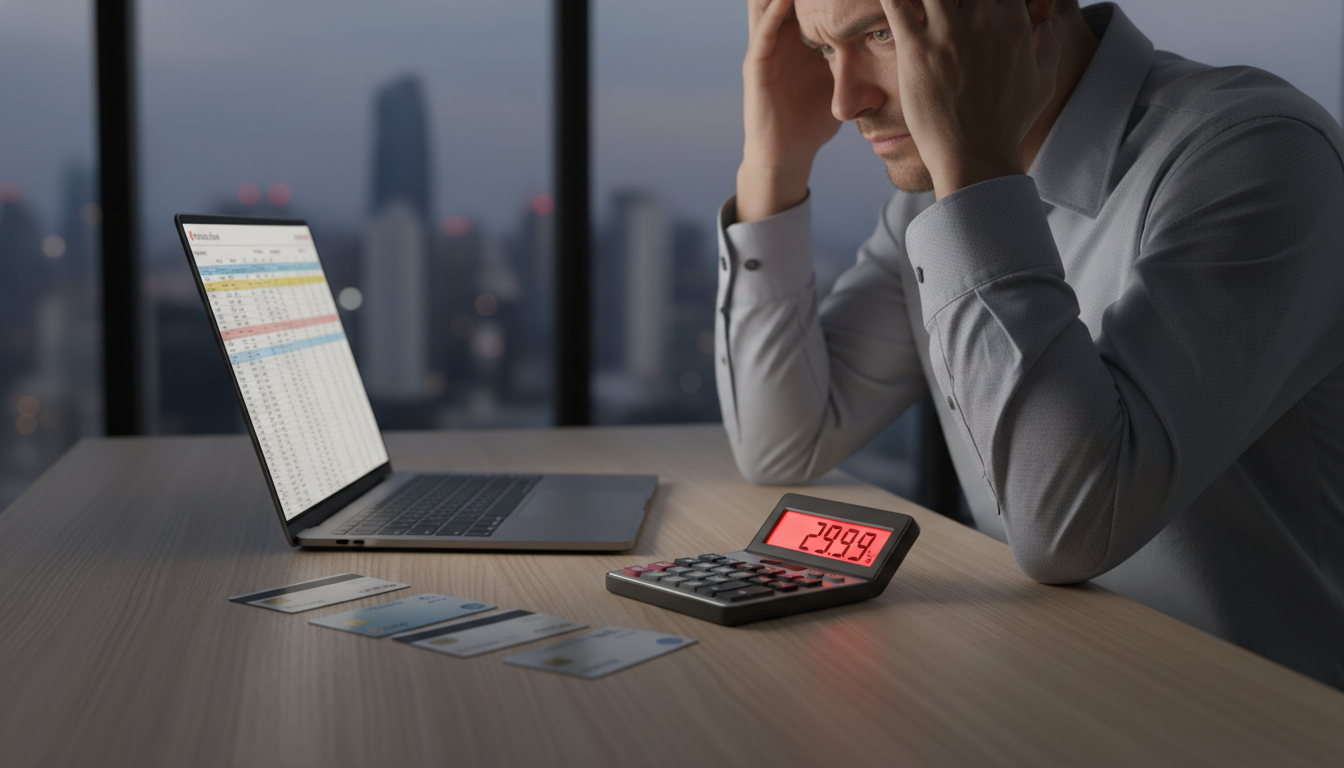 A stressed professional sitting at a minimalist wooden desk, looking at a laptop and several credit cards, cinematic lighting with a focus on a calculator showing a high interest number, 4k resolution.