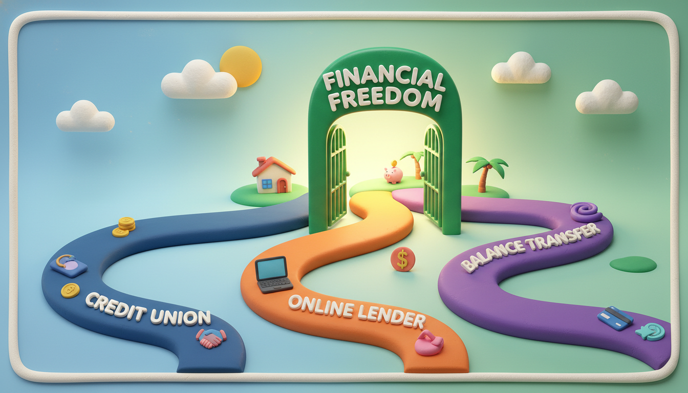 A professional infographic showing three paths—Credit Union, Online Lender, and Balance Transfer—all leading toward a bright green 'Financial Freedom' gate, 3D claymation style, vibrant colors.
