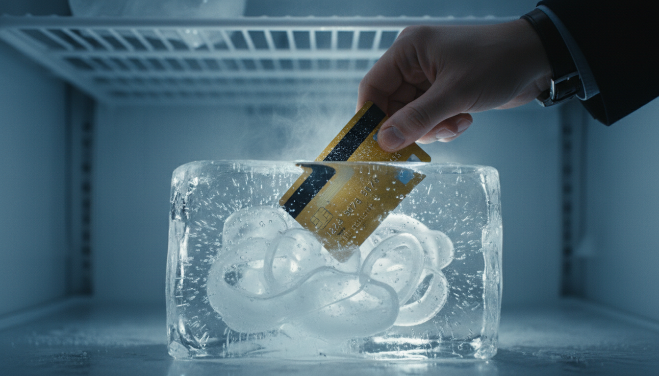 A close-up shot of a person placing a credit card inside a block of ice in a freezer, symbolic of freezing debt, sharp focus, high contrast, professional photography.