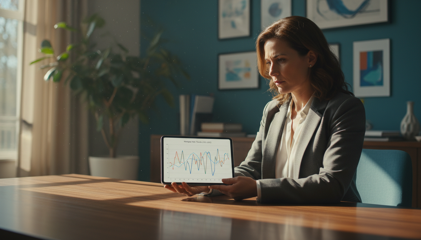 A professional homeowner in a sunlit home office looking intently at a digital tablet displaying complex financial line graphs showing mortgage rate trends over time, 8k resolution, cinematic lighting