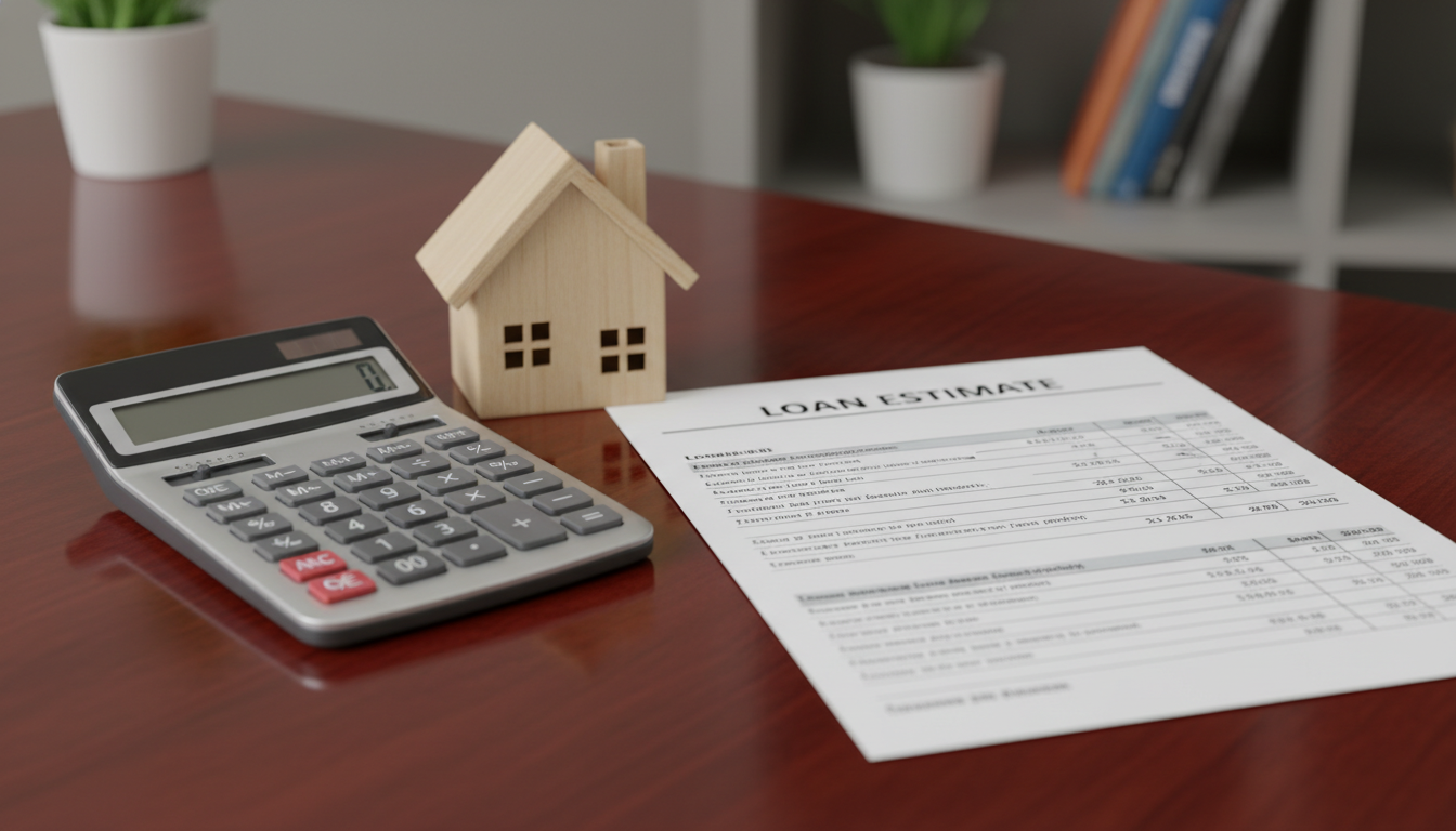 A close-up, high-quality image of a calculator, a house model, and a document titled 'Loan Estimate' on a polished wooden desk, symbolizing financial planning and mortgage comparison