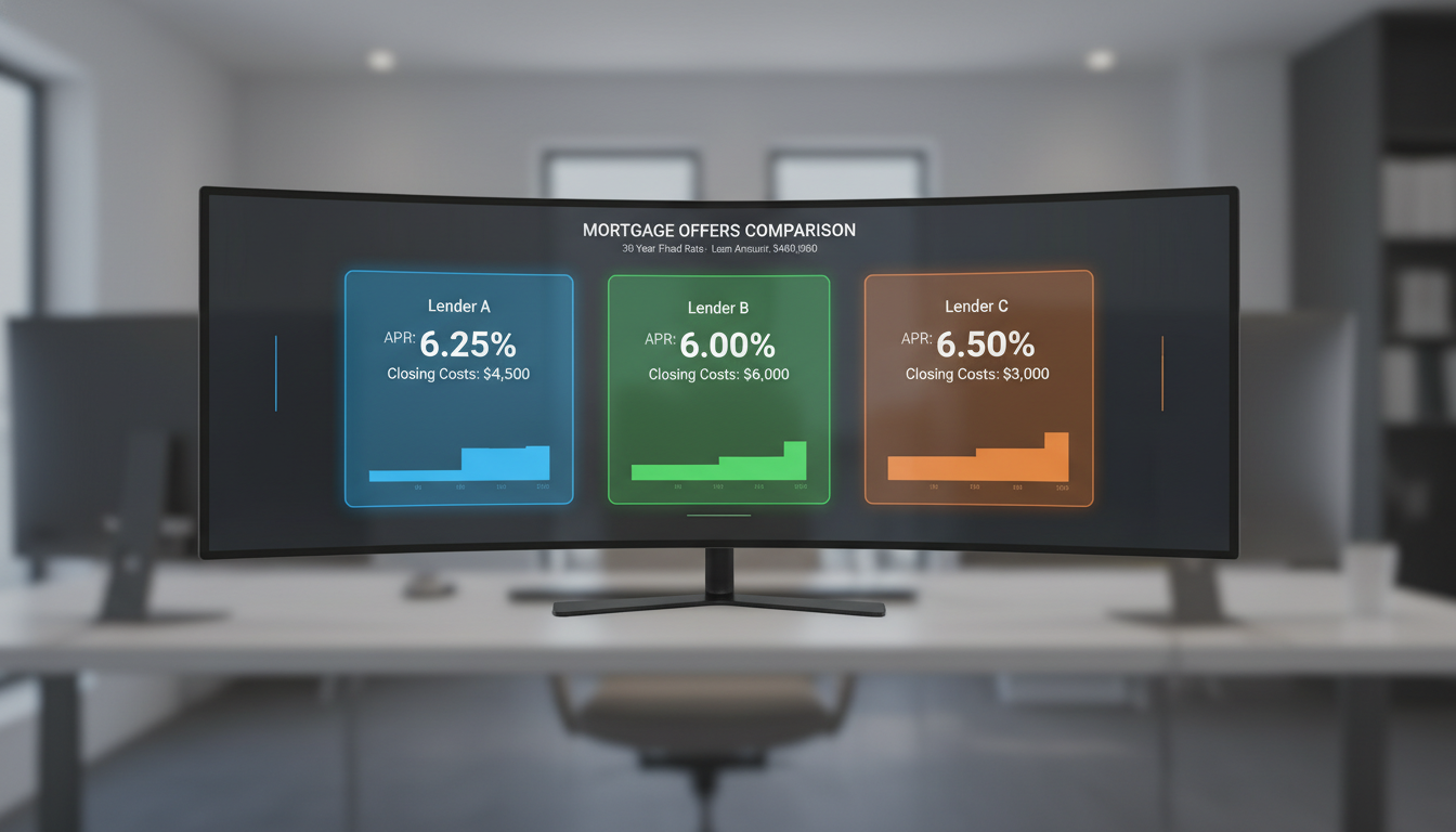 A split-screen digital dashboard showing three different mortgage lender offers side-by-side, highlighting the differences in APR and closing costs, modern UI design style