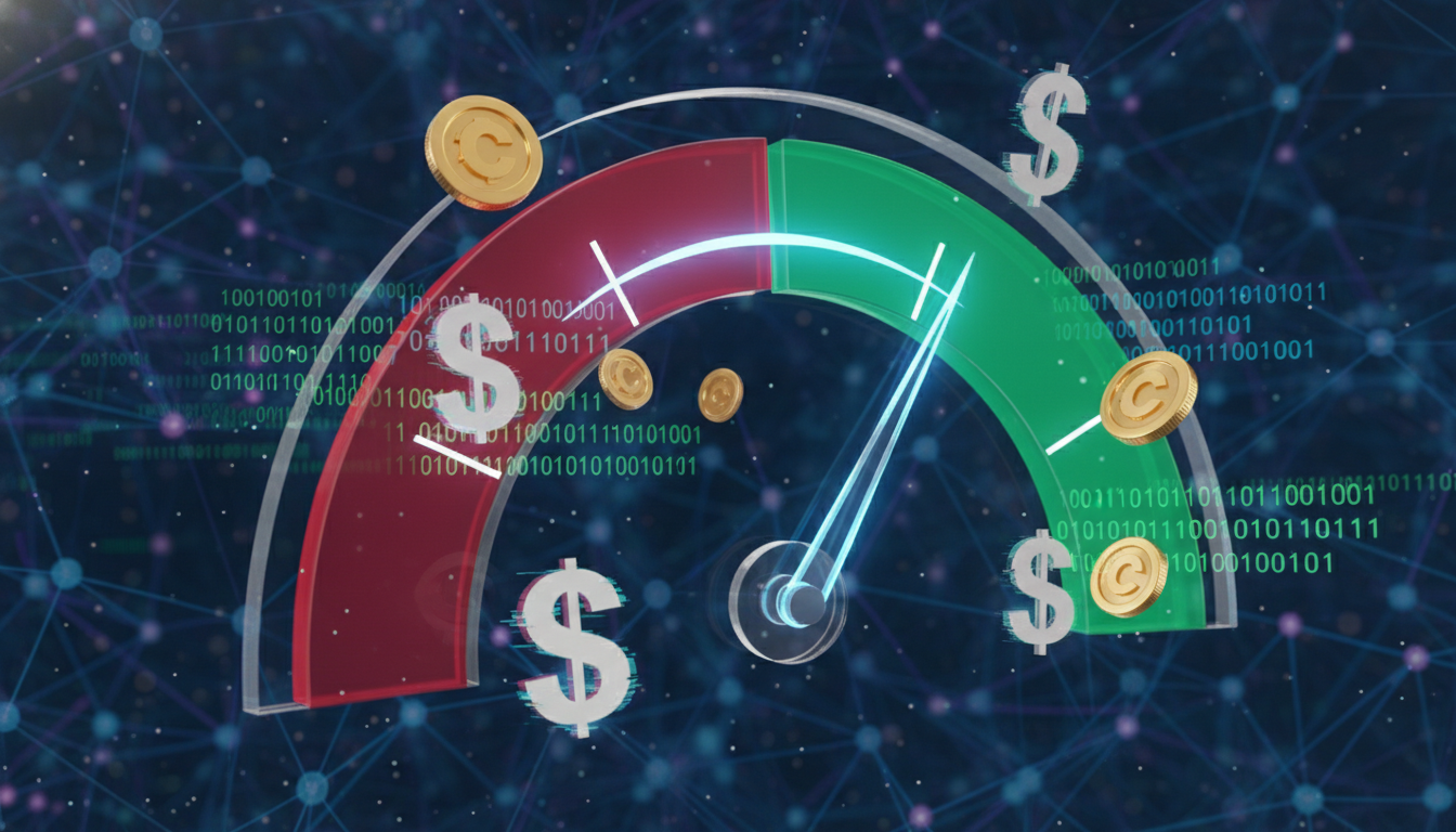 A conceptual 3D render of a digital credit score gauge shifting from red to green, surrounded by floating icons of coins, dollar signs, and binary code, representing modern financial technology.