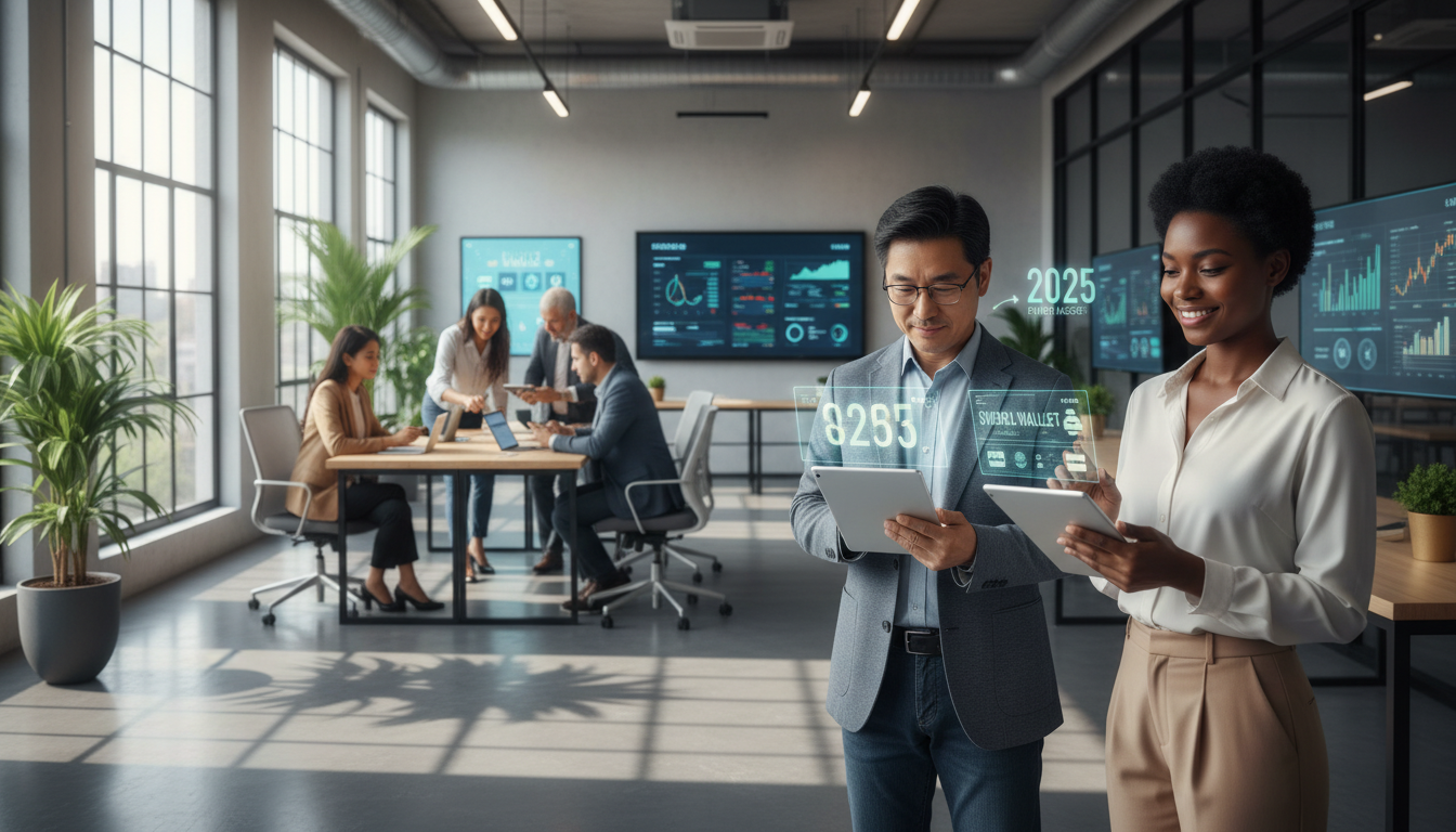 A wide-angle shot of a diverse group of people in a modern, sunlit co-working space, using tablets and smartphones to manage their finances, symbolizing the accessibility of 2025 fintech.
