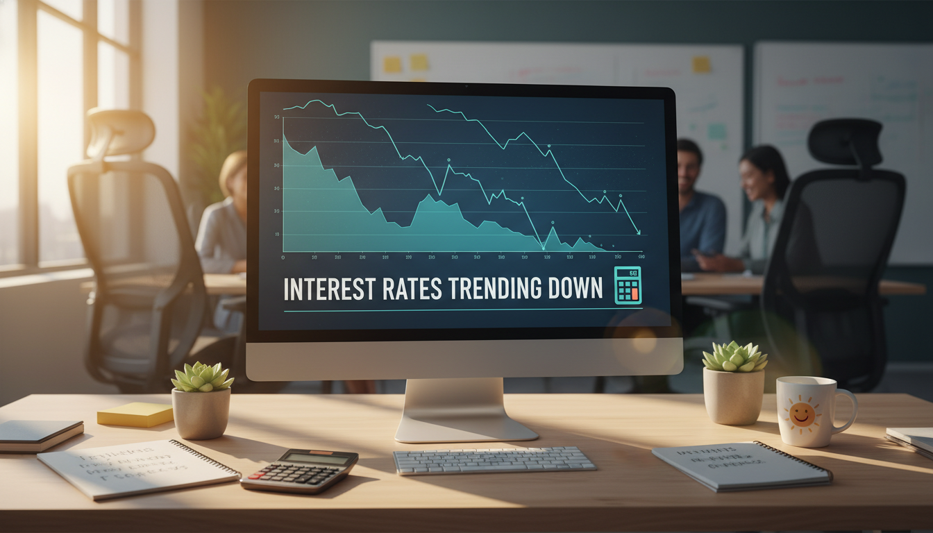 A professional and optimistic workspace scene with a digital screen displaying declining interest rate charts and a calculator, cinematic lighting, 4k