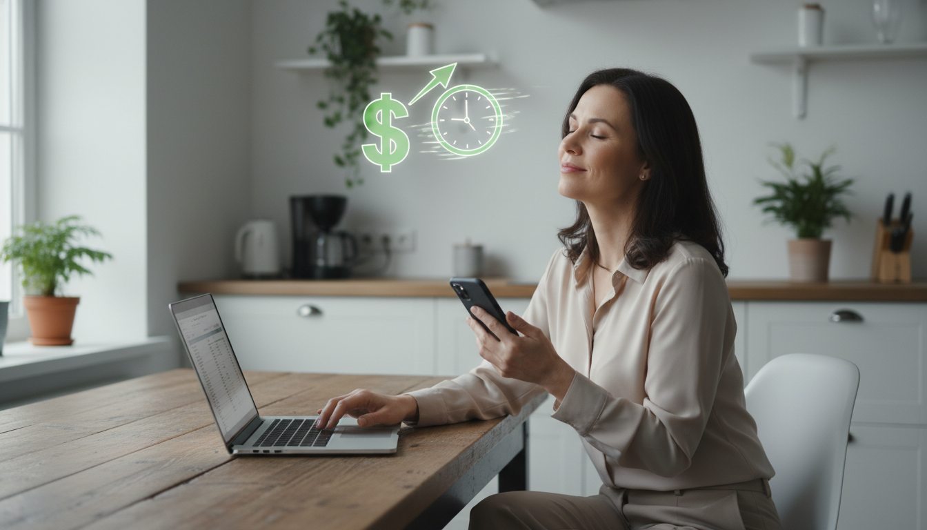 A professional woman sitting at a kitchen table using a laptop and a smartphone, looking relieved, with a digital overlay of a dollar sign and a fast-moving clock icon, high-quality photography, soft lighting.