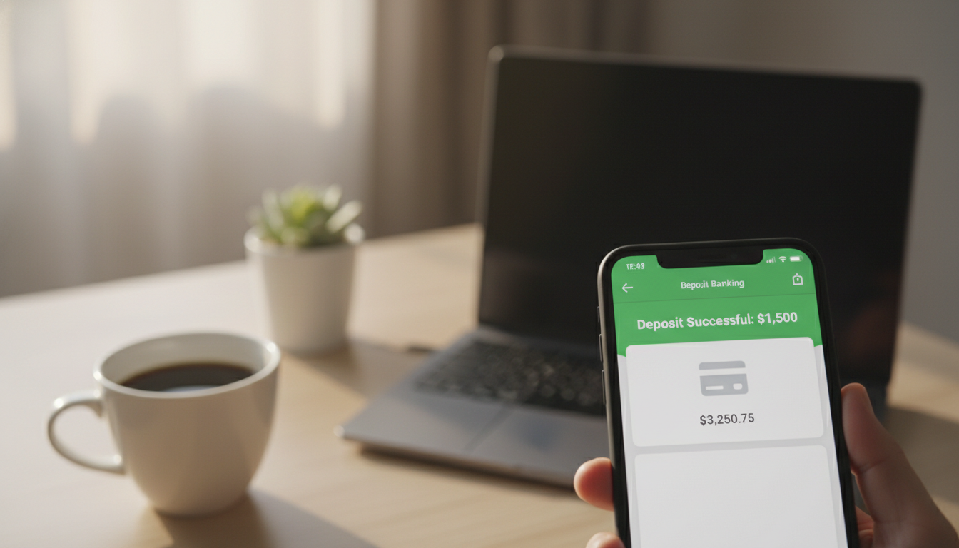 A close-up of a smartphone screen showing a banking app with a notification saying 'Deposit Successful: $1,500', background features a modern office desk with a cup of coffee, 4k resolution, cinematic depth of field.