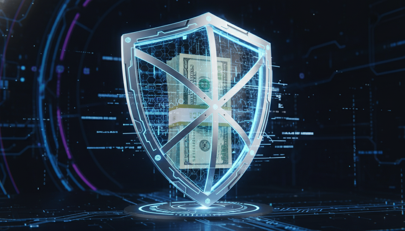 A conceptual illustration of a digital shield protecting a stack of US dollar bills, representing financial security and regulation, neon blue and silver aesthetic, 3D render.